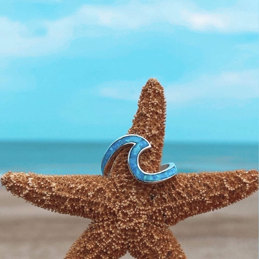 Srebrny Niebieski Opal Fala Pierścionek