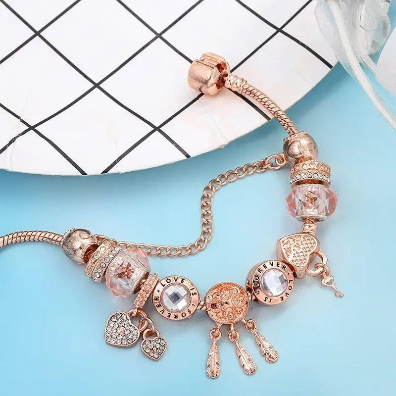 Bransoletka z chwostem Róża z charmsami ze srebra sterlingowego